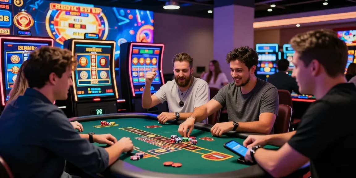Exciting gaming environment at a credit card casino from brcs.co.uk, showcasing players and vibrant game visuals.