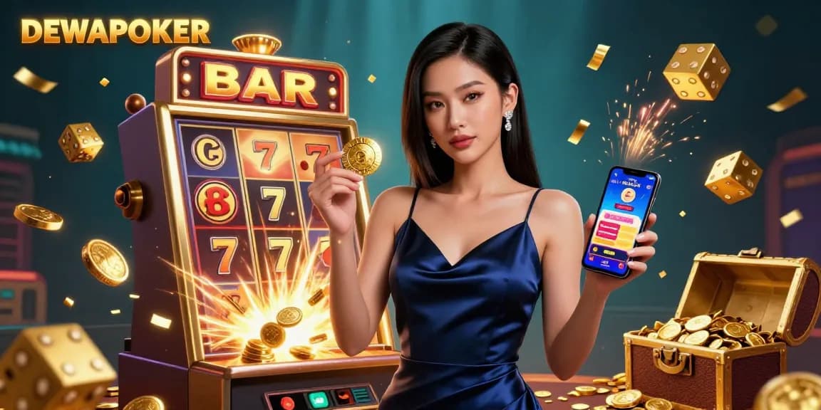 Engage with DEWAPOKER through an energetic 3D casino scene showcasing slots and poker.