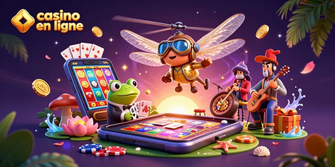 Un dragonfly pilote d'hélicoptère et un croupier grenouille mettent en avant le casino en ligne avec animation.