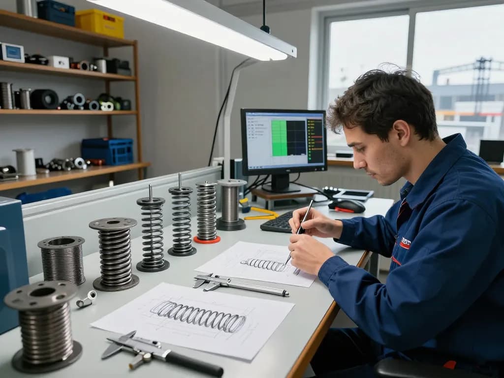 Tehnician proiectând Arcuri torsiune într-un spațiu avansat de inginerie cu unelte și schițe tehnice.