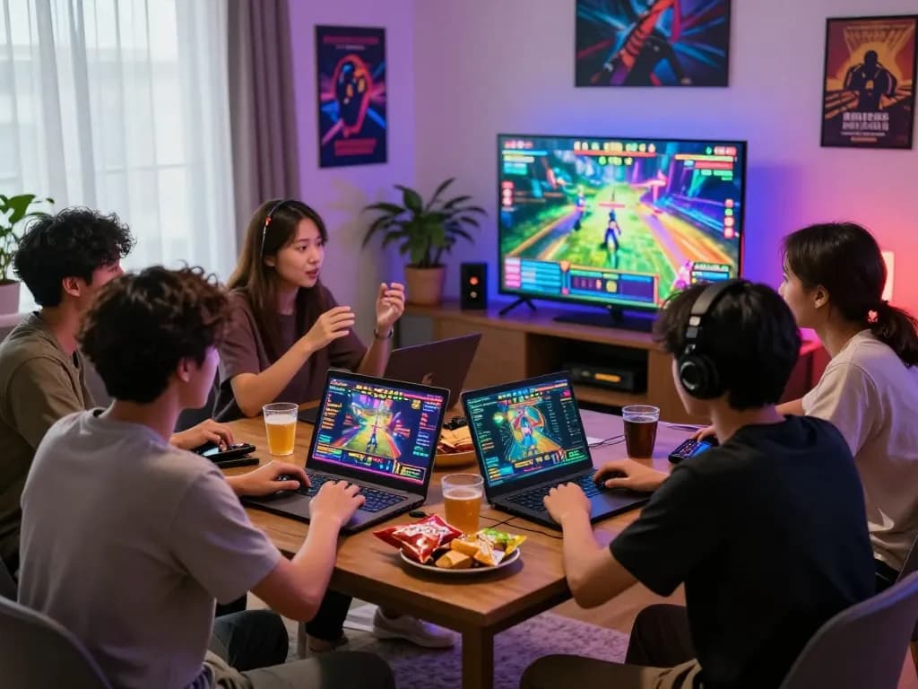 Friends enjoying a lively slot gacor gaming session in a cozy living room with snacks and vibrant visuals.