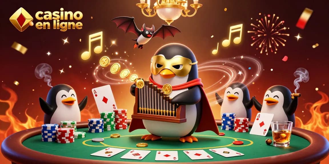 Le pingouin fantôme de l'opéra joue de l'orgue, tandis que des pièces dorées volent, promotionnant casino en ligne.