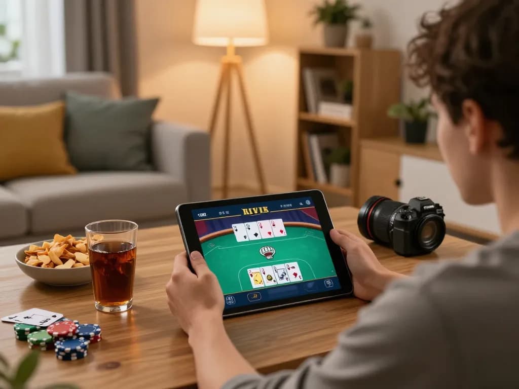 Play poker online at home via king33's tablet interface in a cozy setting.