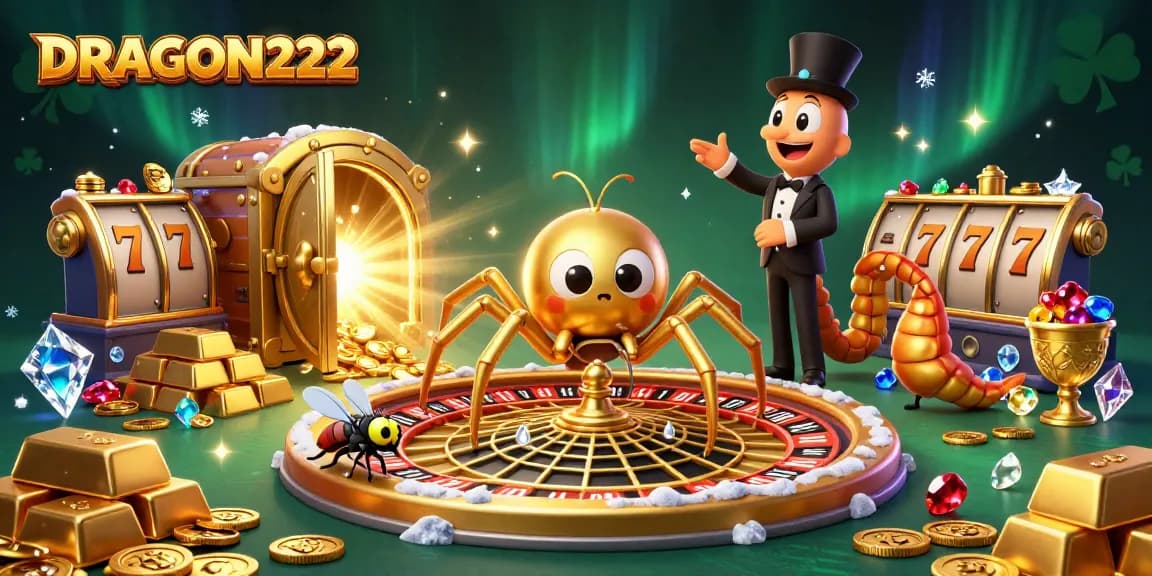 Experience high-stakes gaming as DRAGON222 spins a roulette wheel in a vibrant casino scene.