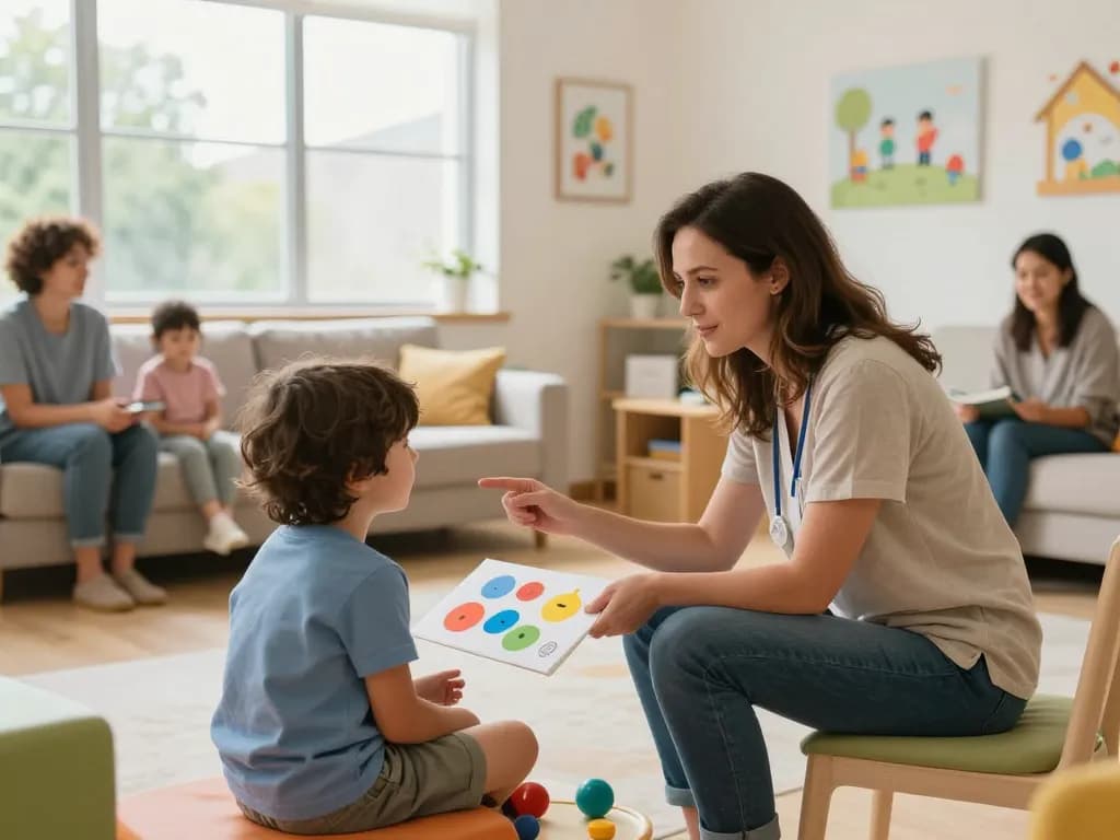 Speech Therapy Sydney session with a therapist and child using interactive aids in a bright clinic.