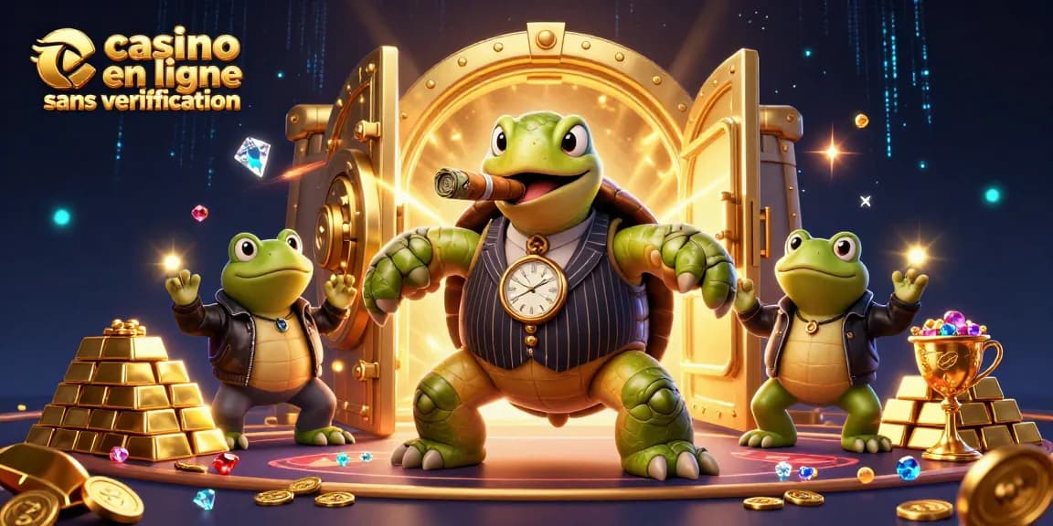 Plongez dans l'univers des jeux avec casino en ligne sans vérification, où une tortue et deux grenouilles veillent sur des trésors scintillants.