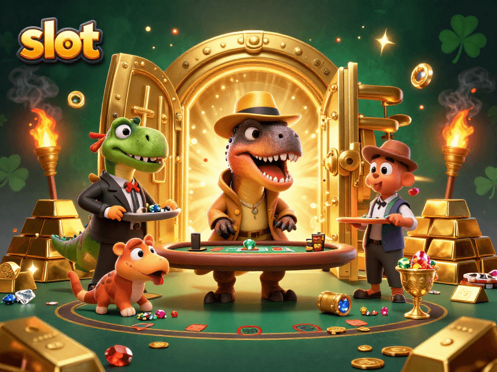Menyaksikan gameplay slot yang mengasyikkan di kasino dengan karakter unik dan harta berkilau.