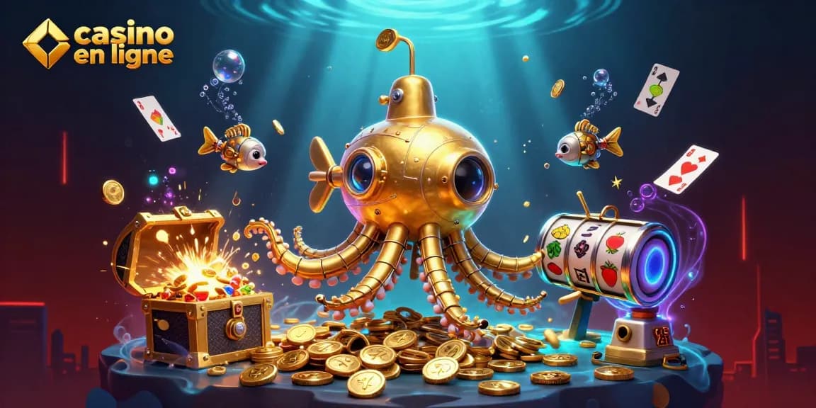 Illustration de casino en ligne captivante montrant un kraken doré et des machines à sous évoluant à travers des pièces d'or.