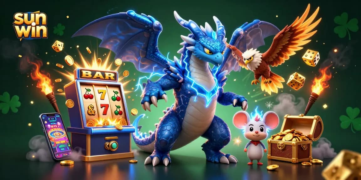 Experience thrilling gameplay with sun win through dragon, hawk, and mouse amid vibrant slot machine chaos