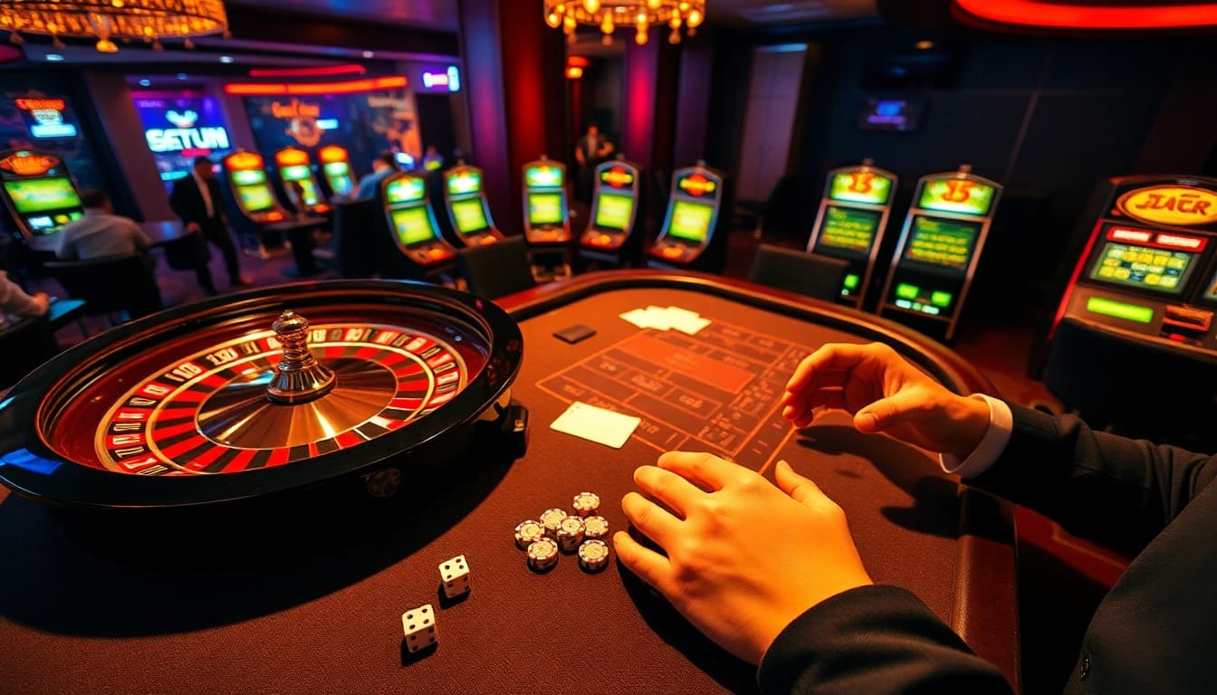 Okfun players enjoying the excitement of a high-stakes poker table surrounded by vibrant casino lights.