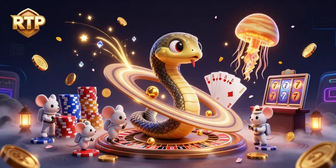 Engage with RTP slot games featuring a cosmic roulette wheel, vibrant characters, and sparkling treasures.