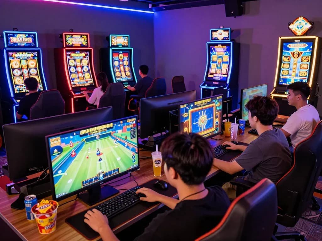 Players engaged in thrilling Autowin88 online gaming, surrounded by vibrant visuals and snacks.
