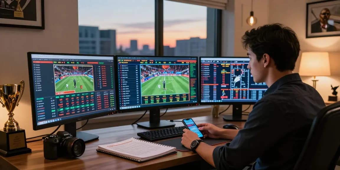 Gambling expert analyzing sports data for 먹튀검증 추천 먹튀스팟 in a stylish home office