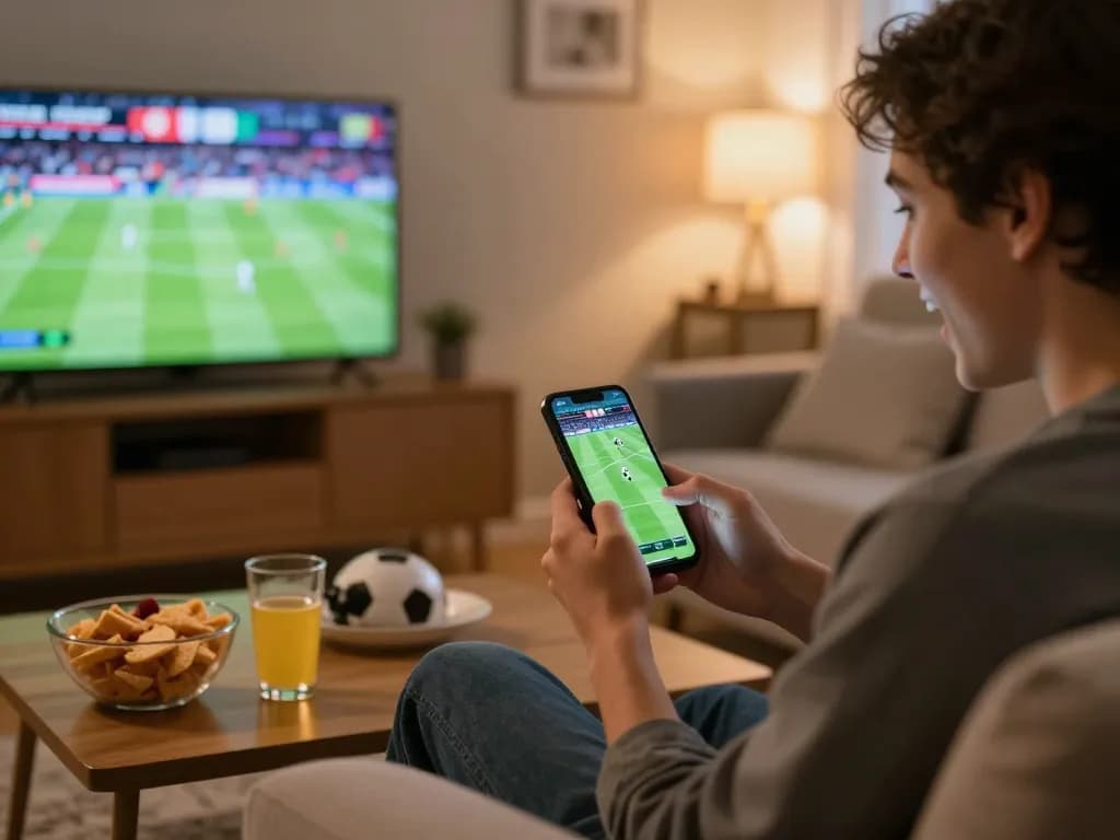 Engaging in keo nha cai strategies while watching a live football match on smartphone.
