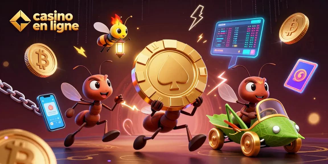 Jouez à un casino en ligne avec des fourmis transportant des jetons de poker géants dans un tunnel