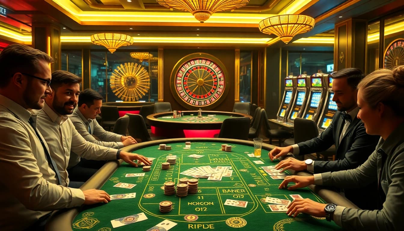 Players enjoying a vibrant onicplay casino atmosphere with poker tables and slot machines.