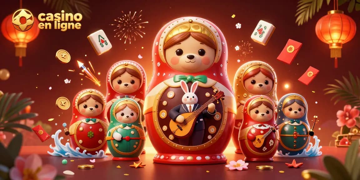 Profitez d'une expérience captivante de casino en ligne avec des ours Matryoshka et des éléments de jeu colorés.