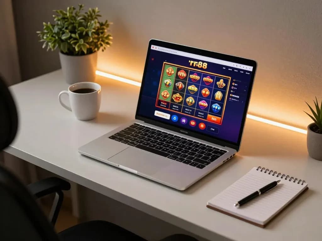 Engaging online gambling at rr88 with colorful slots on laptop screen in cozy workspace.