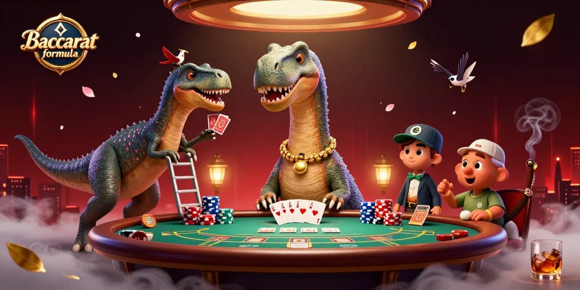 Experience Baccarat formula with vibrant 3D illustration of casino-themed dinosaurs playing cards.