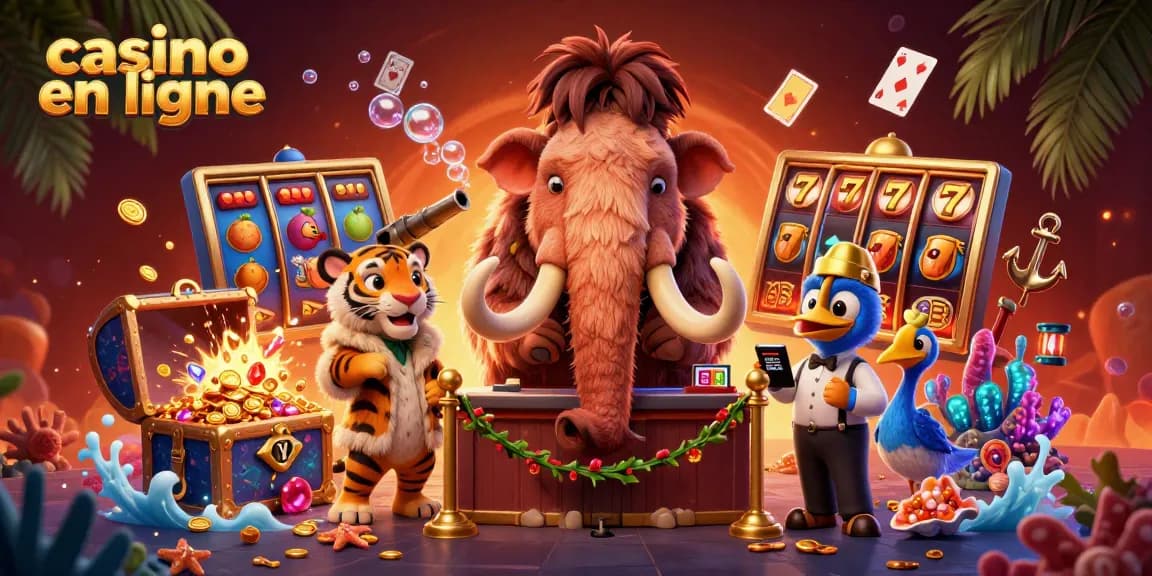 Gagnez des prix au casino en ligne avec un mammouth et un tigre dans une illustration animée.