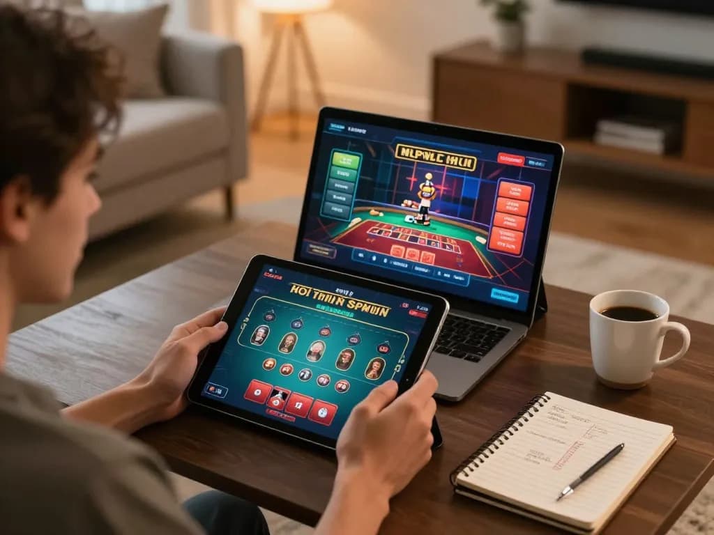 Engaging in Lỗi Nạp – Rút Rikvip mobile gaming at home with a tablet, showcasing strategic gameplay.