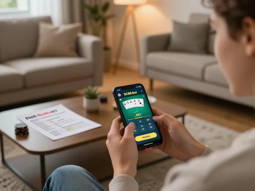 Person playing SC88 Bet on smartphone at home, showcasing casual online gambling environment.