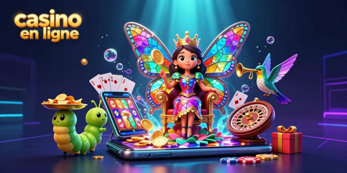 Visualisez l'animation captivante du casino en ligne avec la reine papillon et ses serviteurs, captivant l'attention des joueurs.