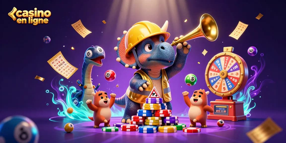 Profitez du divertissement du casino en ligne avec nos personnages célébrants et des éléments de jeu colorés.