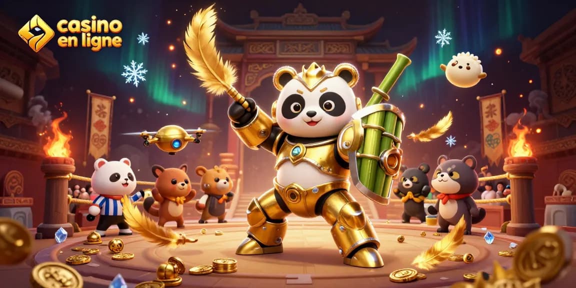 Illustration dynamique du casino en ligne avec un panda doré en armure, créant des enjeux passionnants.