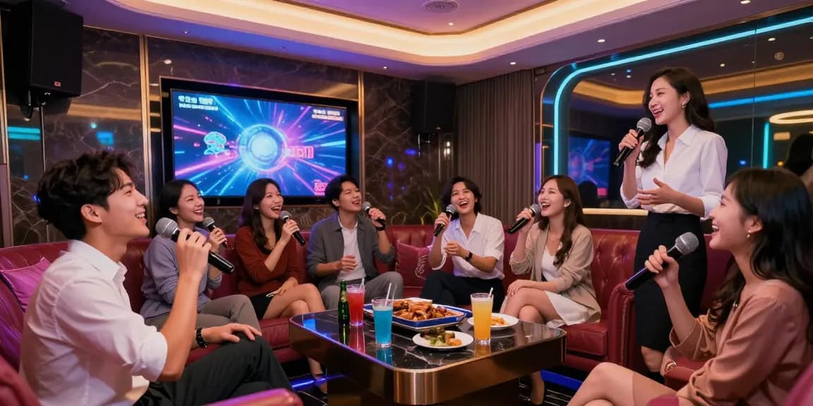 강남 가라오케에서 친구들과 함께 즐겁게 노래하고 있는 모습