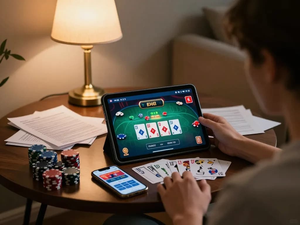 Engaging in open88 online poker gaming on a tablet in a cozy home setting.