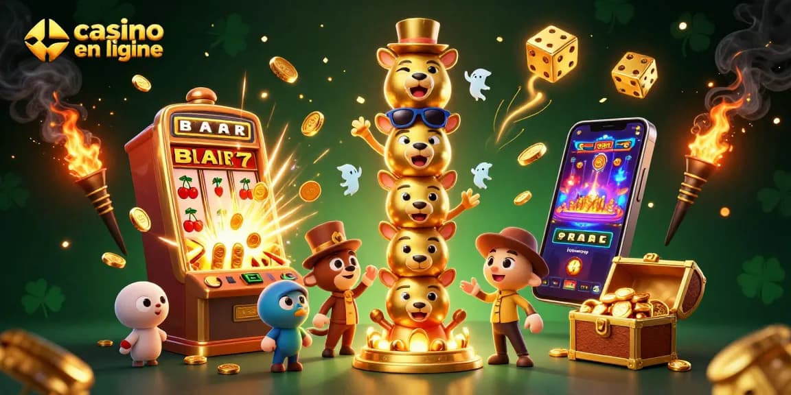 Gagnez aux jeux de casino en ligne avec une illustration dynamique d'une machine à sous et un totem chanceux.