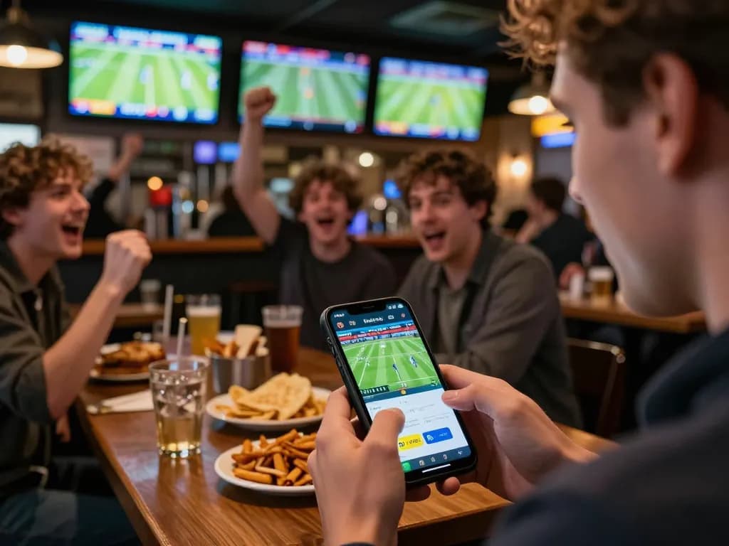 Engaging in sports betting with the 7m app while enjoying a lively atmosphere.