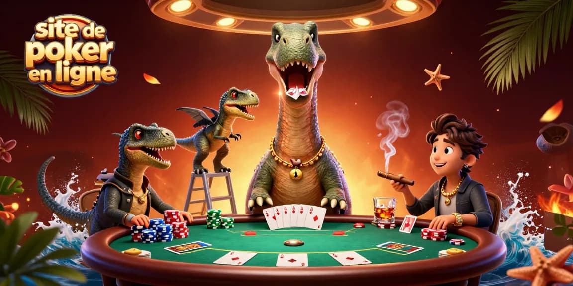 Jouer au poker en ligne sur un site de poker en ligne, avec un brontosaurus interactif au casino.