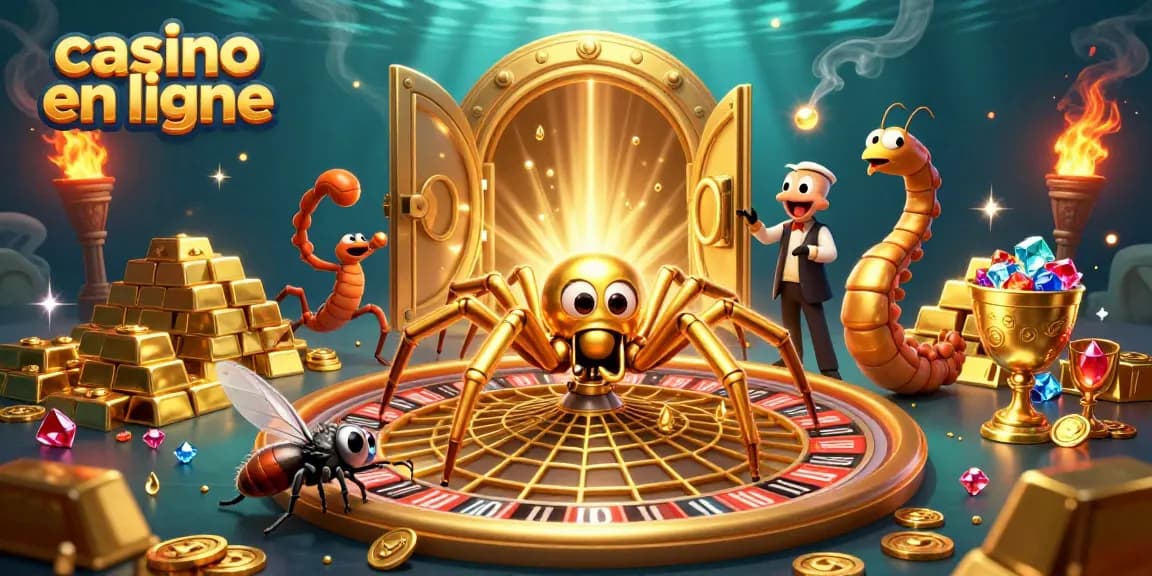 Visualisez une scène de casino en ligne où une araignée d'or tisse une toile en forme de roulette avec des effets étincelants.