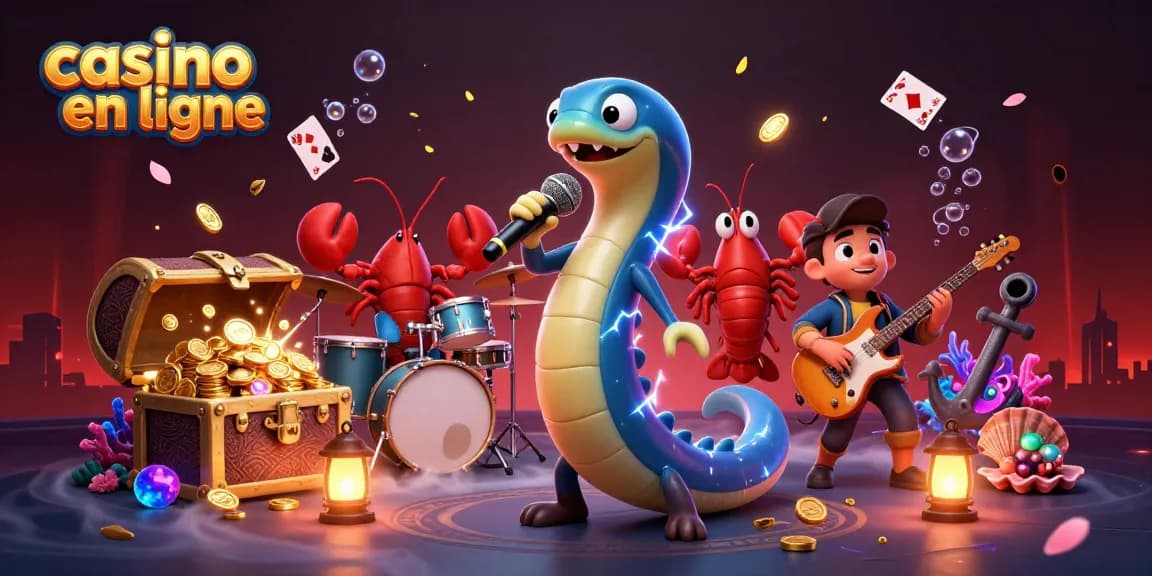 Plongez dans l'univers des casinos en ligne avec cette illustration dynamique d'un DJ poisson électrique entouré de musiciens sous-marins.