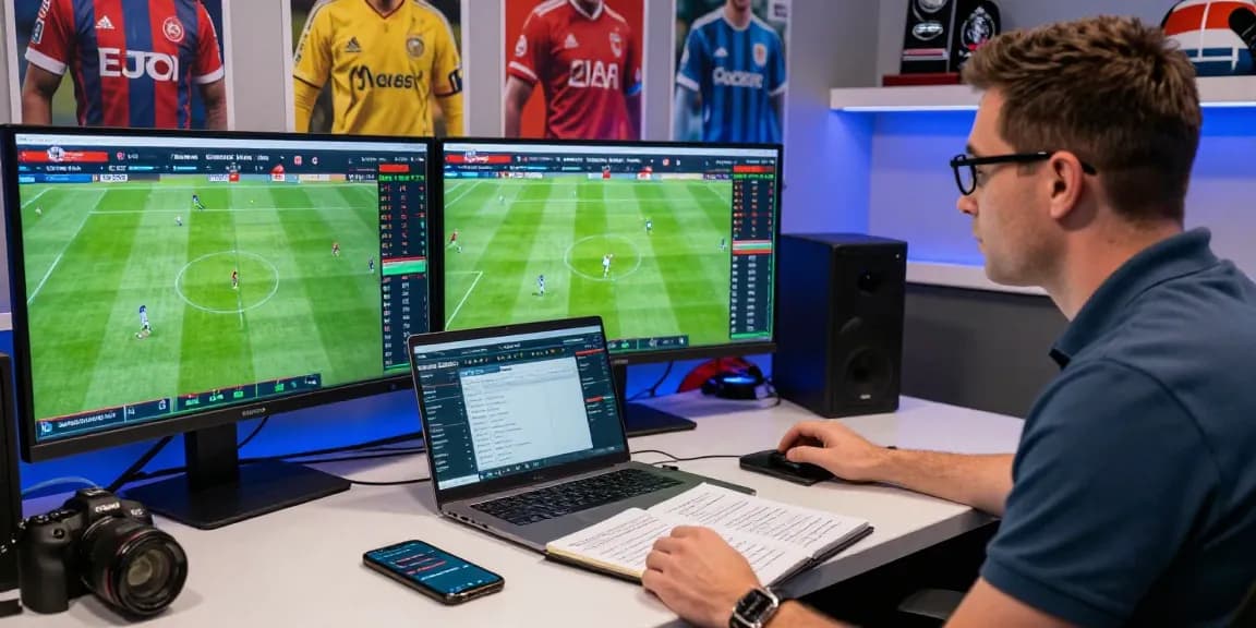 Dynamic sports analysis scene showcasing tỷ lệ kèo nhà cái 5 with multiple screens and betting platforms in an engaging environment.