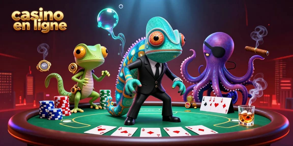 Gagnez au casino en ligne avec une illustration de caméléon agent secret, gecko et pieuvre autour d'une table de poker.