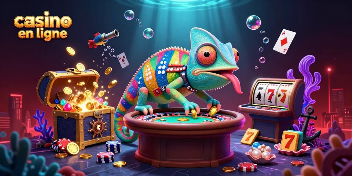 Casino en ligne : Une illustration captivante d'un caméléon casino observant les jeux et les gains.