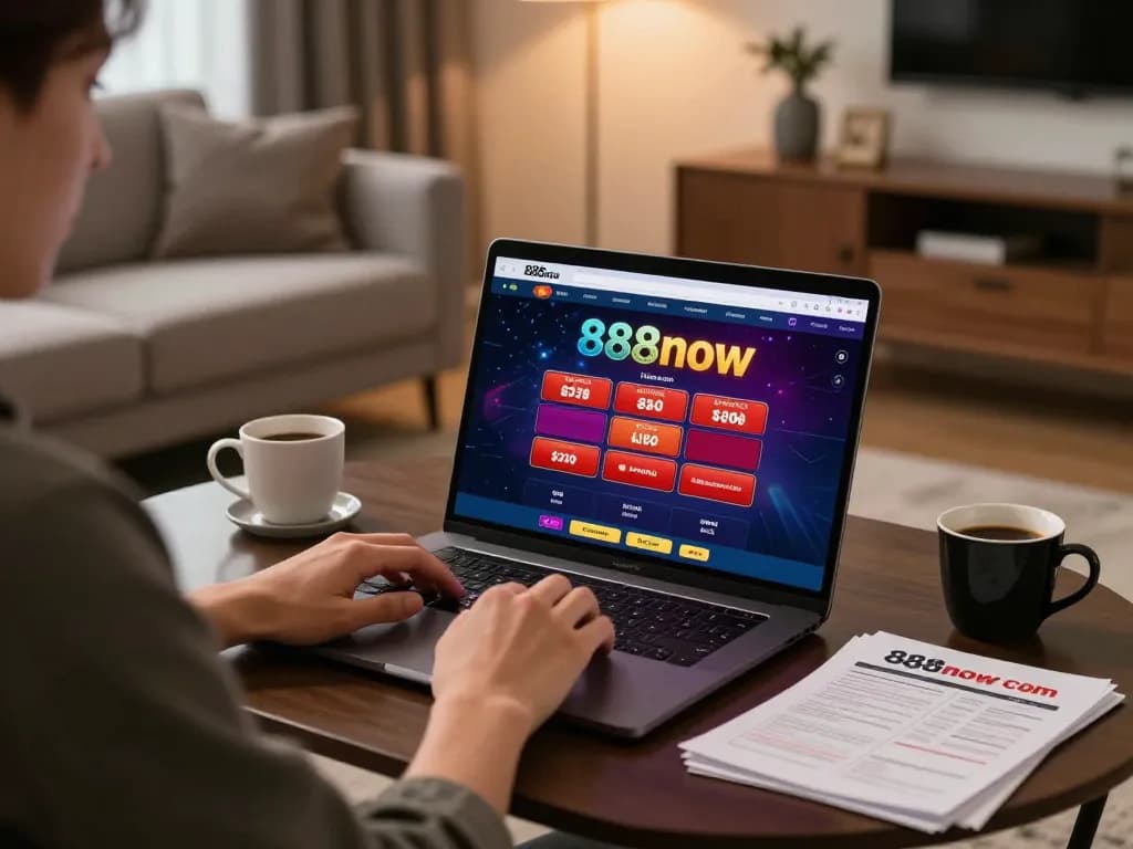 Engaging player enjoying 888now com online casino on laptop in cozy living room.