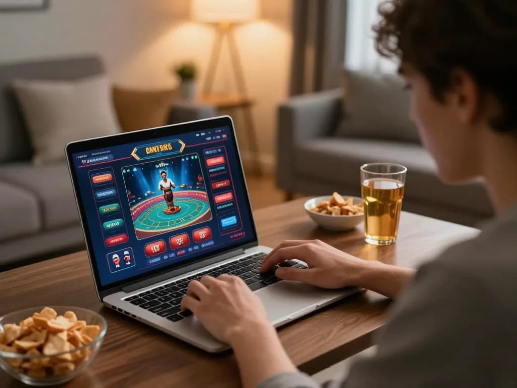 Engaged player betting on atq com with a laptop in a cozy gaming setup, highlighting strategic online casino interaction.