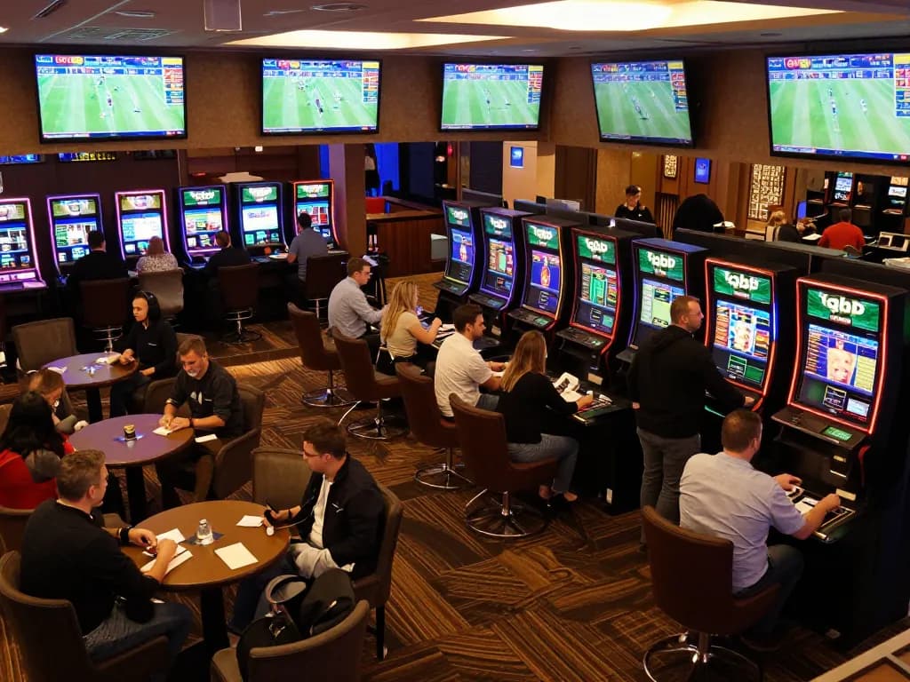 Engaged bettors tracking kqbd results at a modern casino sports betting area with multiple screens displaying live games.