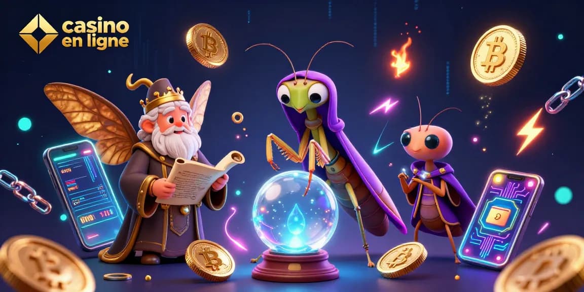 Gagnez avec casino en ligne grâce à une illustration dynamique de personnages et de crypto-monnaies.