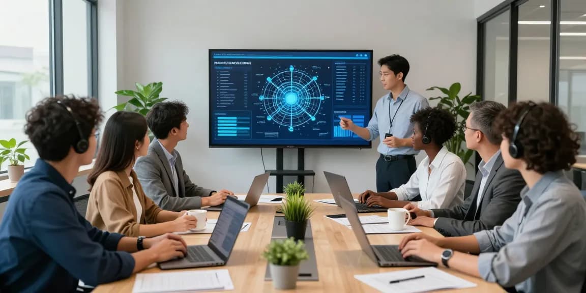 IT support businesses team collaborating in a modern corporate office setting, discussing proactive solutions.