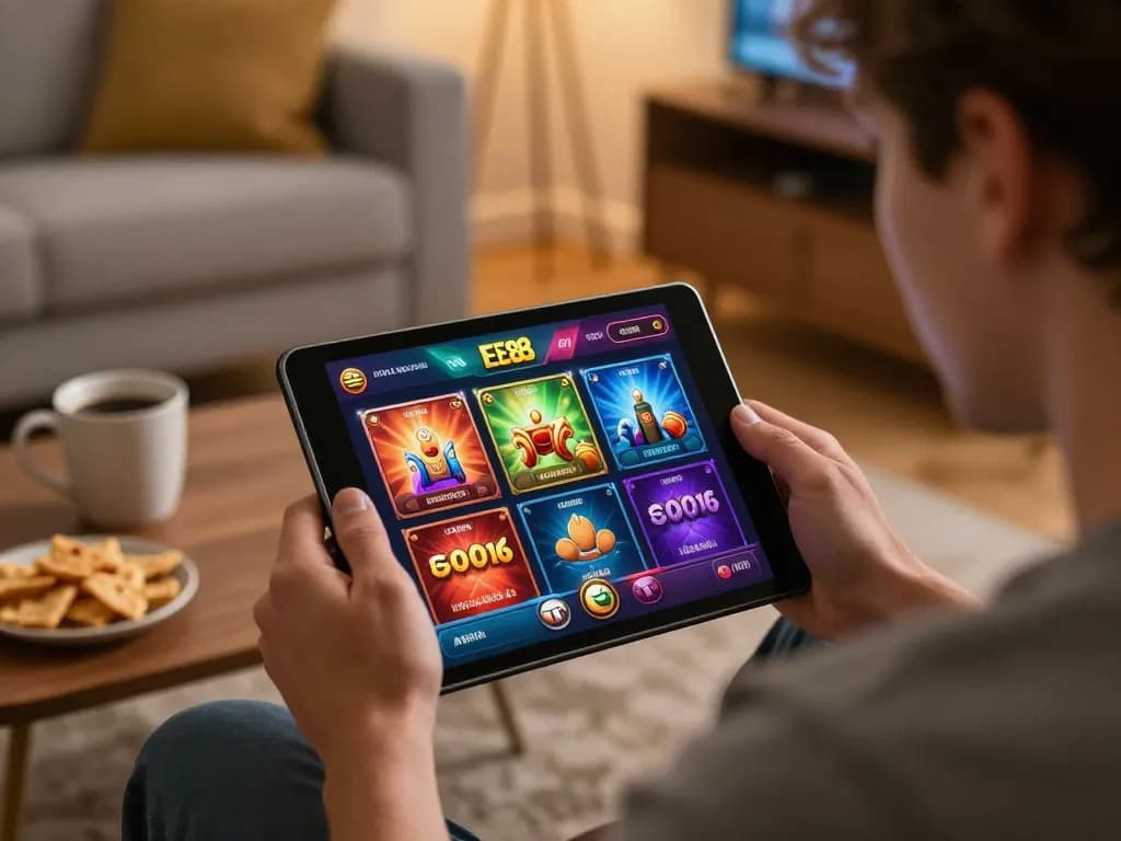 EE88 player enjoying an online gaming session on a tablet in a cozy setting, emphasizing responsible gambling.
