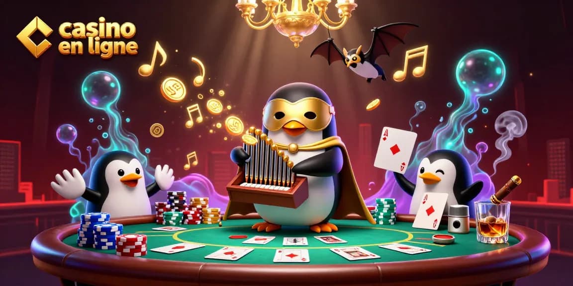 Illustration d'un casino en ligne avec un pingouin fantôme et des éléments de poker colorés.