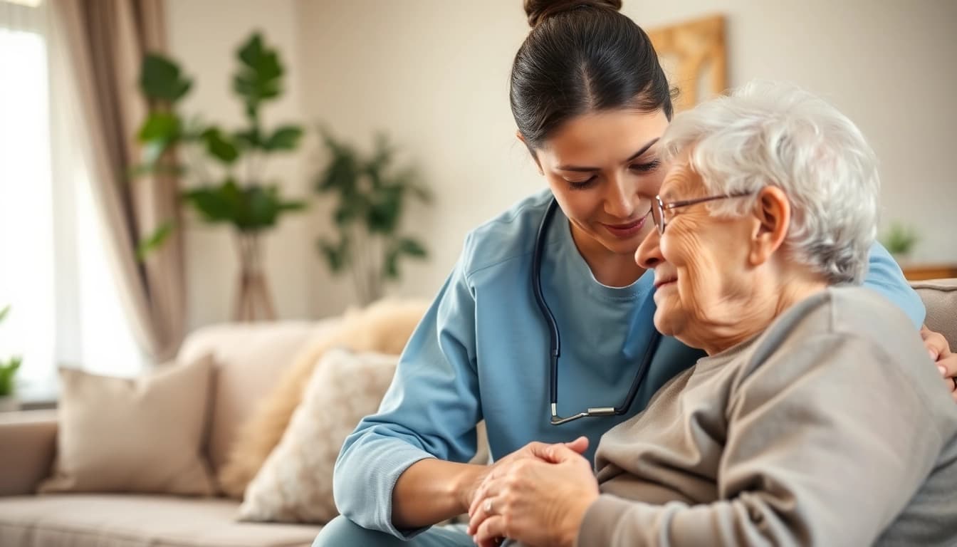 Engaging caregiver providing in home health care near me to an elderly person in a comforting living room.