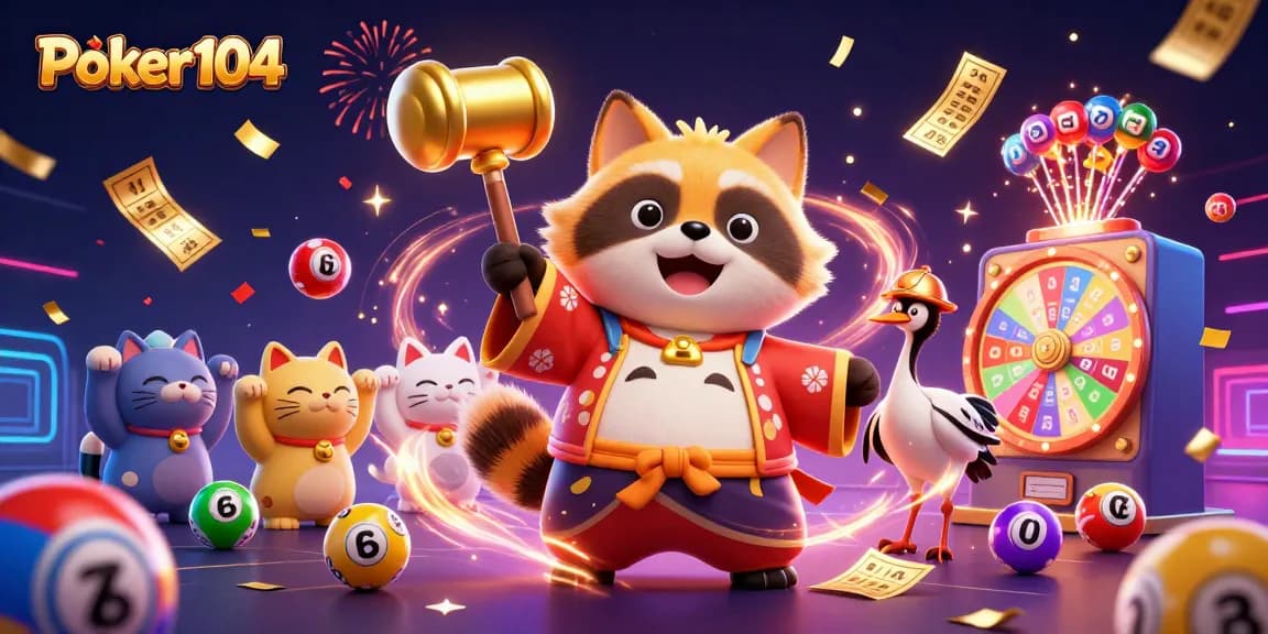 Experience exciting gaming at Poker104 surrounded by colorful elements, jackpot opportunities, and festive characters.