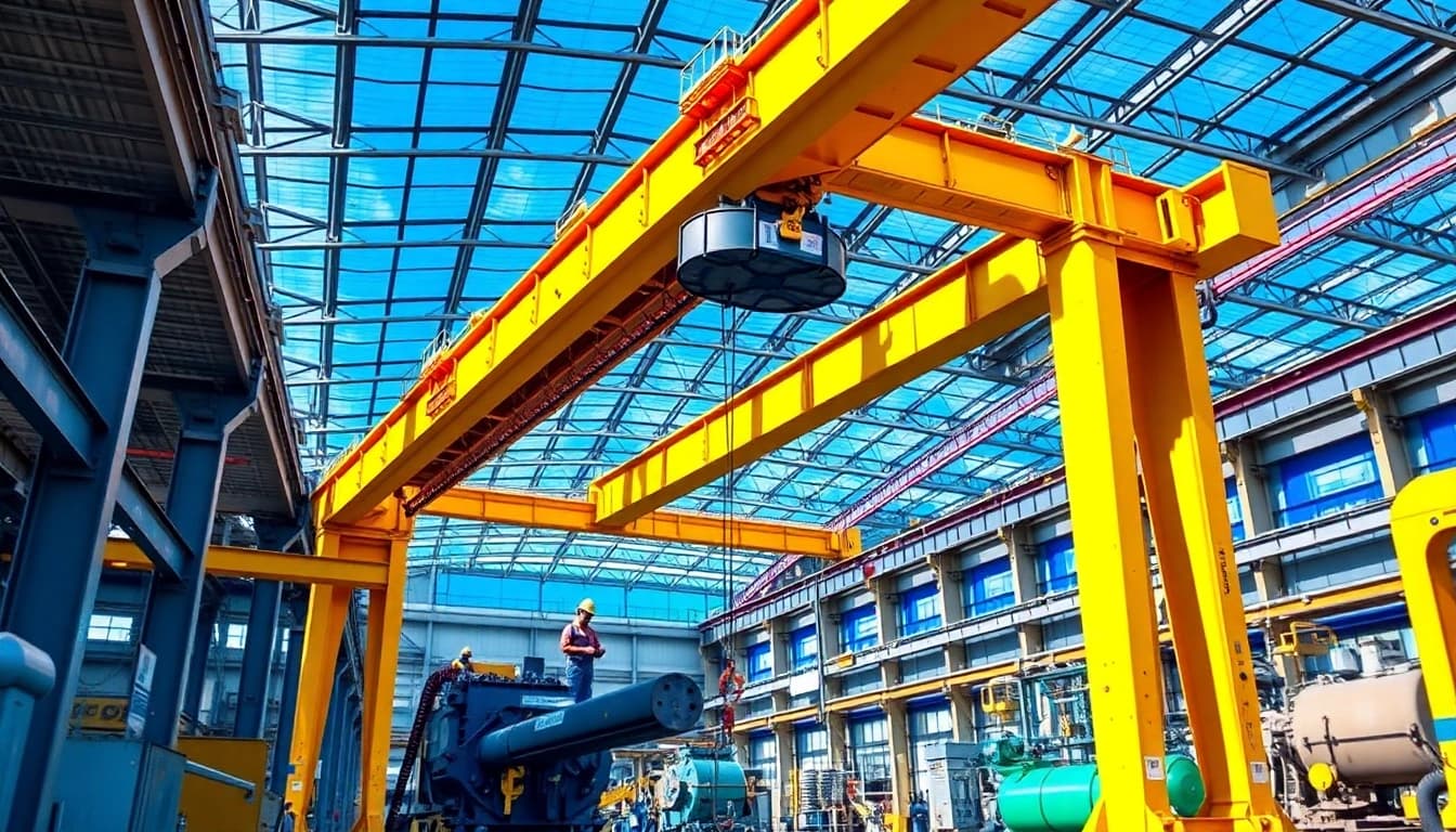 Double girder bridge crane lifting heavy loads in an industrial setting with vibrant colors and natural lighting.