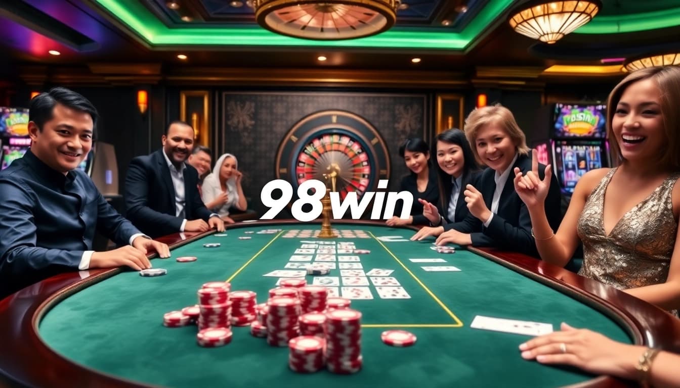 Exciting casino gaming experience at 98win with players engaged at a poker table.
